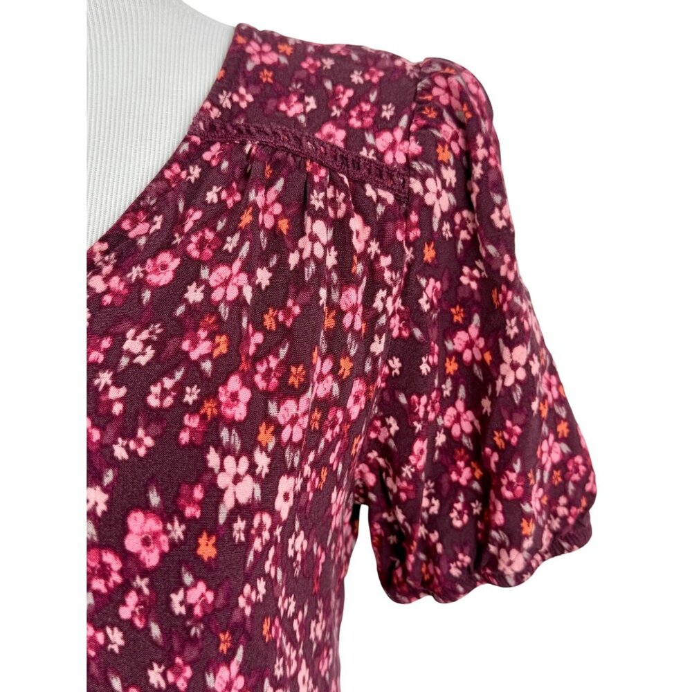 Wild Fable Burgundy Floral Crochet Trim Tiered Hem Grunge 90s Babydoll Dress - Picture 3 of 13
